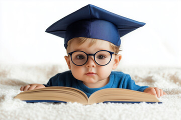 Smart young boy in glasses and graduation cap reads a book, showcasing the joy of learning and discovery