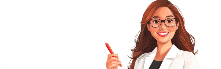 Obraz premium Cheerful cartoon businesswoman holding a marker in a bright white scene office education writing theme