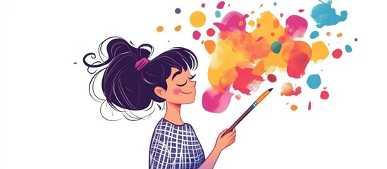Cheerful cartoon artist in a checkered shirt dreaming up her next big creation Theme of imagination and artistry