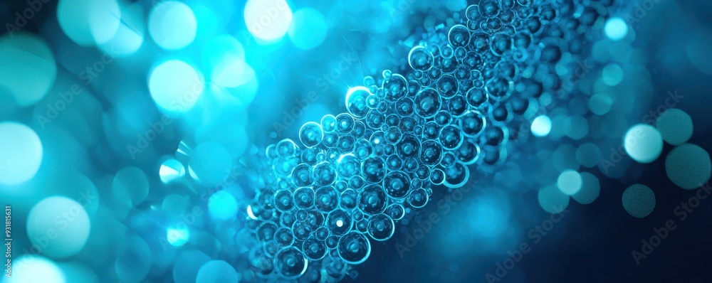 Poster a close-up view of vibrant blue bubbles floating in water, creating a mesmerizing and tranquil atmos