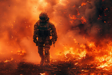 Naklejka premium Soldier navigating a fiery battlefield at dusk