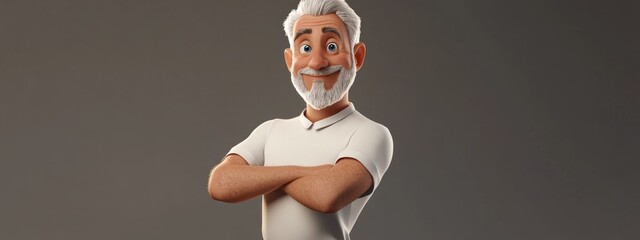 Cheerful self assured fit sporty older character in a white shirt standing alone on a gray backdrop promoting a gym 3D Cartoon Portrait