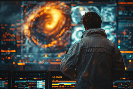 Scientist analyzes hurricane data in coastal lab