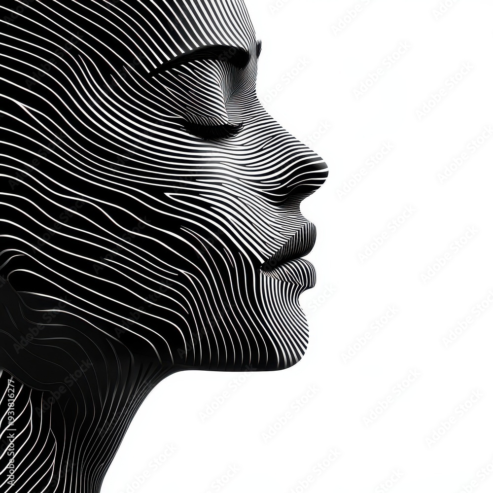Poster a creative abstract profile of a face featuring intricate line patterns, conveying elegance and mode