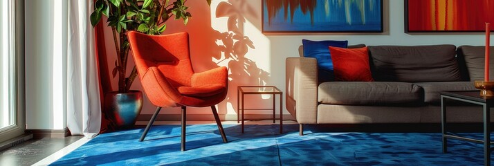 Red chair and blue carpet beside a couch in a lively living room filled with a ficus plant and wall art.