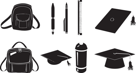 A straightforward vector icon set with a pen, backpack, ruler, and graduation hat 