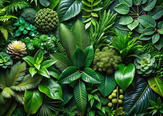 Obraz premium Botanical Rhapsody in Greens: Lush foliage, intricate leaves, vibrant hues, natural textures