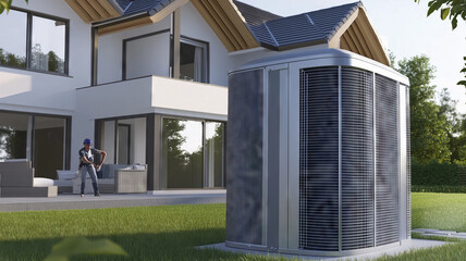 HVAC technician servicing a modern heat pump outside a contemporary home during vibrant daylight