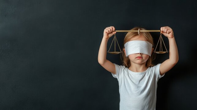 A child symbolizes justice by holding a balance while blindfolded, representing fairness and equality in a creative way.