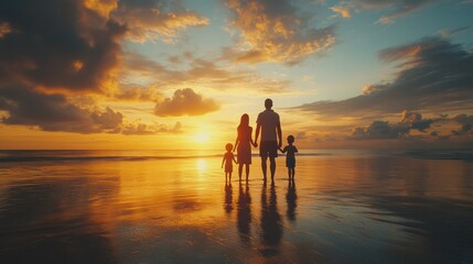 Fototapeta premium A family watching a stunning sunset on the beach, feeling grateful for the moment.