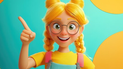Cheerful yellow haired character pointing at viewer with a big smile celebrating success inviting others to join the team set against a bright background