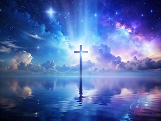 Naklejka premium Celestial Serenity: Peaceful, ethereal, blue and purple hues, cross as a beacon of calm.