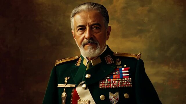 Old military general in green uniform with shoulder straps and medals. Officer portrait. Serious officer man looking at camera. Historical emperor. War commander. Marshal, Admiral of the Army.