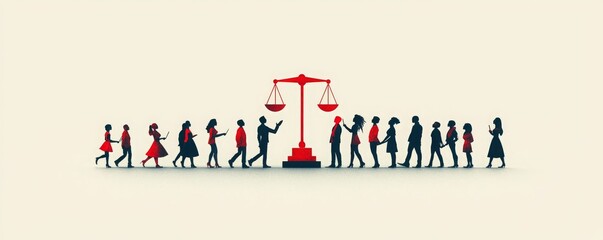 Obraz premium Silhouettes of diverse individuals symbolizing justice, equality, and the legal process balanced on a scale.