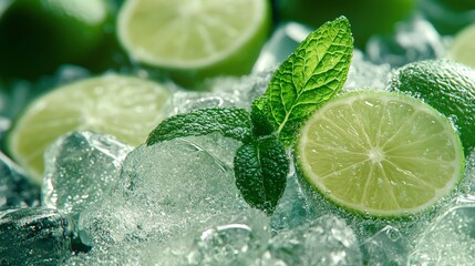 Mojito cocktail with lime and mint in a glass with ice, featuring green leaves and a refreshing look