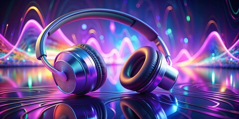 Fototapeta premium Chromatic Alchemy: Ethereal, psychedelic, iridescent purple, earbuds, binaural beats, spatial audio