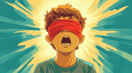Frightened cartoon boy with a red blindfold on a bright background