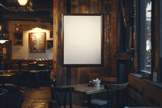 Blank poster mockup in a rustic cafe setting with a wooden wall, tables, and chairs.