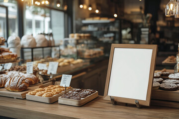 A cozy bakery display showcasing delicious pastries with a blank sign waiting for personalized messages