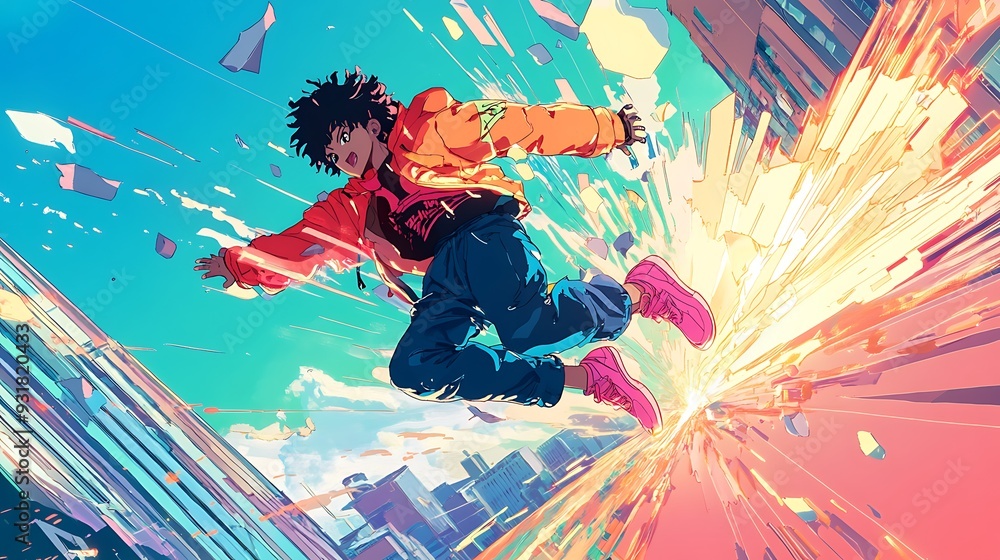 Poster Animated Character in a Red Jacket Leaping Through a Cityscape