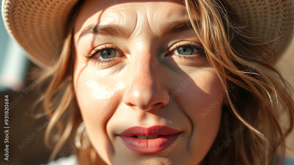 Sticker Close-up portrait of a young woman with straw hat and windblown hair