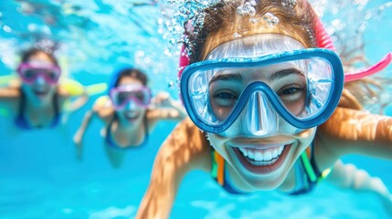 Fototapeta premium Group of friends enjoying underwater swimming with goggles, having fun and smiling in a clear blue pool. Summer vacation.