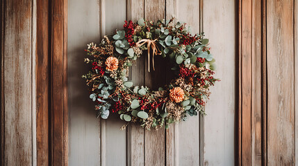 A Boho Christmas wreath made from dried flowers, eucalyptus leaves, and natural twine, hanging on a rustic wooden door 