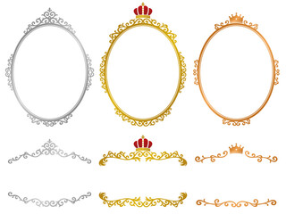 王冠のついたメタリックな金銀銅の洋風の楕円フレームと見出し装飾セット © Nora Hachio