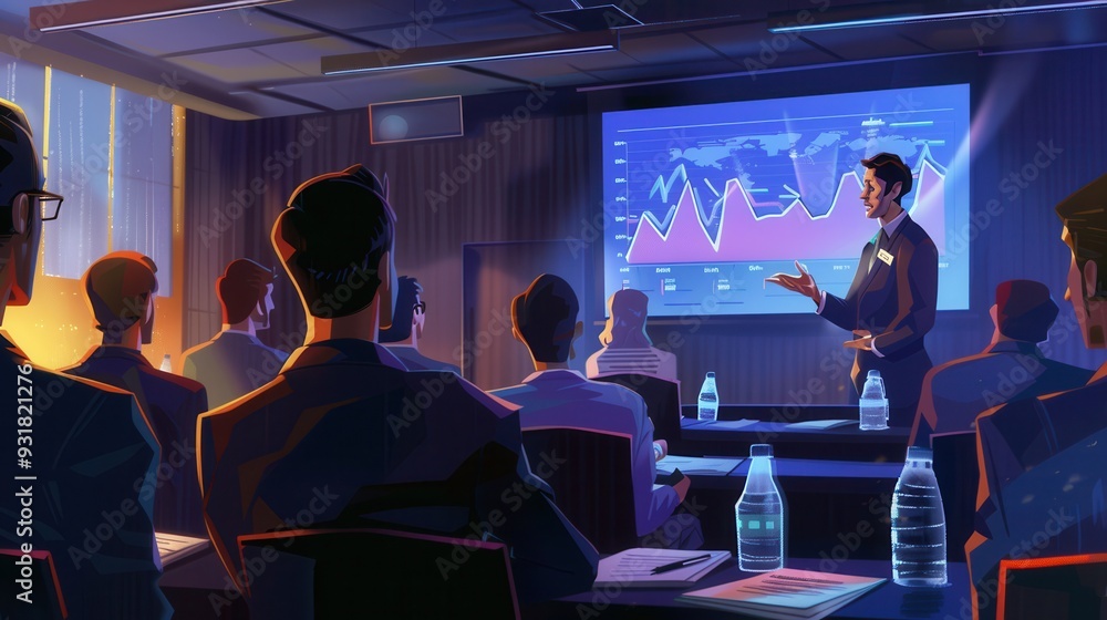 Leinwandbilder a professional presents financial strategies to an audience in a modern conference room, using visua