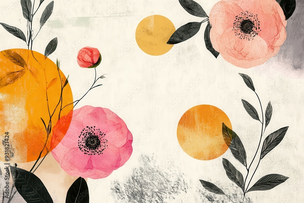 Poster floral patterns and leaves arranged in round shapes against a minimalistic sketchy background