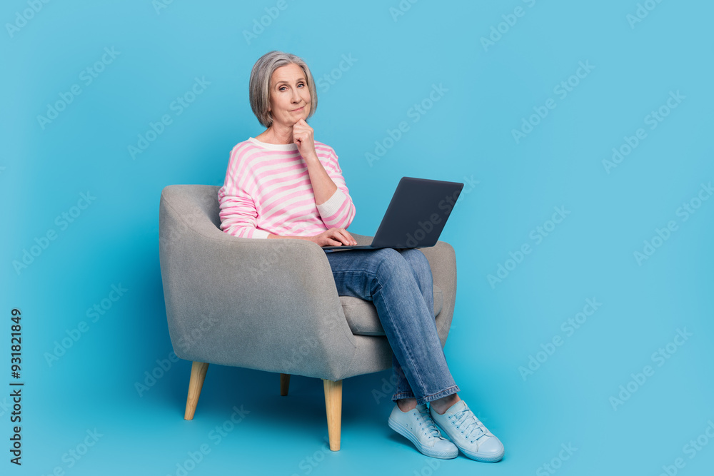 Canvas Prints full body photo of nice senior woman sit armchair netbook thoughtful wear trendy striped outfit isol