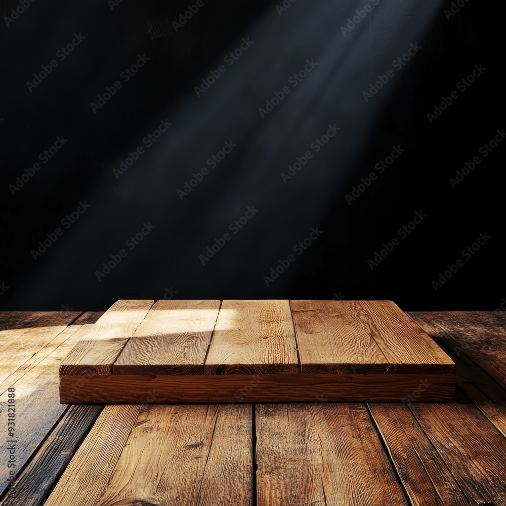 Poster a rustic wooden platform illuminated by soft rays of light against a dark background, perfect for pr