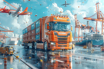 Obraz premium Container truck transporting cargo at a busy port