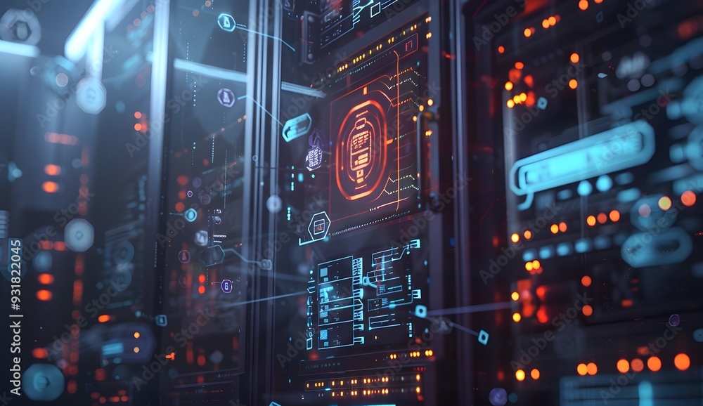 Poster a close up of an open data center server rack with glowing holographic logos and symbols representin