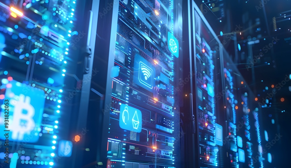 Poster a close up of an open data center server rack with glowing holographic logos and symbols representin