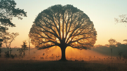 Majestic lone tree standing on a field at sunrise with sunbeams shining through its branches