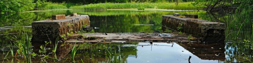 Fototapeta premium 1. Dam built in a pond for the collection of surface debris 2. Process of removing debris from a pond 3. Litter drifting on the water's surface
