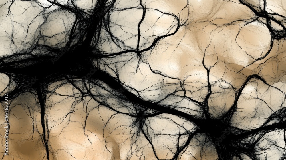 Poster abstract neural network illustration with black interconnected branches on a light background, symbo