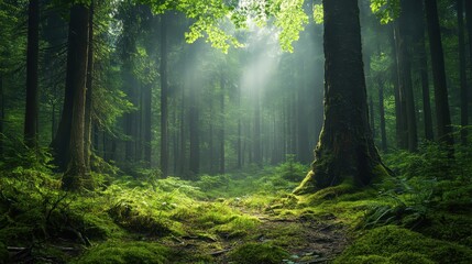 Fototapeta premium Sunlight filters through the lush green forest canopy, creating a serene and peaceful atmosphere with vibrant foliage and majestic trees.