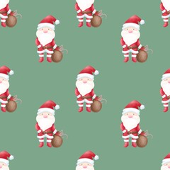Seamless pattern Christmas Santa Claus.Watercolor festive seamless pattern for Christmas and New Year.Holiday illustration.Holiday packaging.Christm as tree decor.Print for gifts.