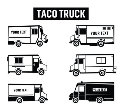Taco Truck Illustration Vector Collection Set, Eye-Catching Taco Truck Vector Illustration for Themed Parties, Food Blogs, and Merchandising Isolated Outline Icon Set.