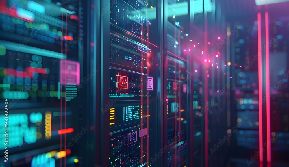 Poster a close up of an open data center server rack with glowing holographic logos and symbols representin
