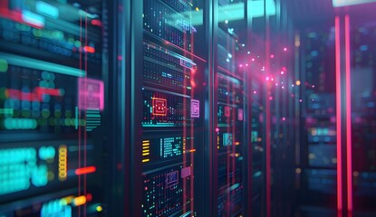 Naklejka premium A close up of an open data center server rack with glowing holographic logos and symbols representing blockchain technology, symbolizing the evolution from traditional security to advanced cyber 