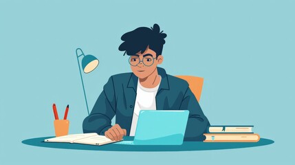 Man studying with laptop and books.