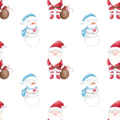 Seamless pattern Christmas Santa Claus and snowman . Watercolor festive seamless pattern for Christmas and New Year.Holiday illustration.Holiday packaging.Christm as tree decor.Print for gifts.