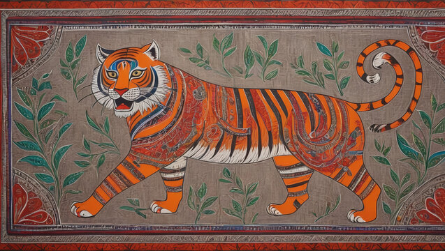 Traditional Madhubani style tiger painting on textured background