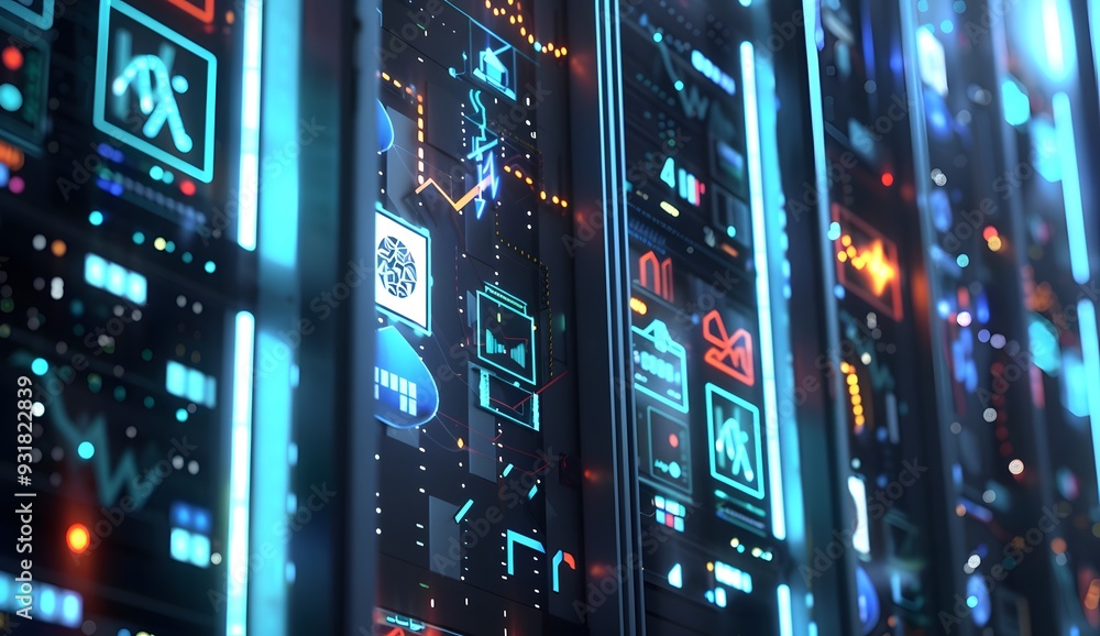 Poster a close up of an open data center server rack with glowing holographic logos and symbols representin