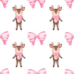 Seamless pattern Christmas  deer cute . Watercolor festive seamless pattern for Christmas and New Year.Holiday illustration.Holiday packaging.Christm as tree decor.Print for gifts.