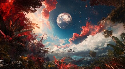 Fototapeta premium Breathtaking alien world with vibrant sky and lush landscape for science fiction book covers and immersive fantasy game environments