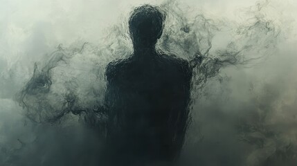Obraz premium Dark silhouette of a person enveloped in swirling smoke, creating an eerie and mysterious atmosphere in a blurred, cloudy background.